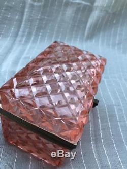 Rare Pink French Royal Brass & Cut Pink Crystal Glass Hinged Casket Trinket Box