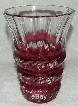 Rare Signed Val St Lambert Cranberry Cut To Clear Crystal 6 Deco Vase Belgium