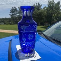 Rare UNSESCO Czech Bohemia Silesia Cobalt Blue Cut Crystal Glass 14.5 Vase