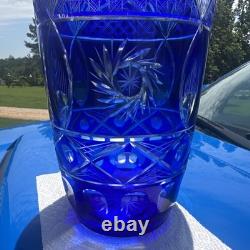 Rare UNSESCO Czech Bohemia Silesia Cobalt Blue Cut Crystal Glass 14.5 Vase