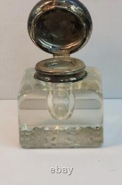 Rare Victorian Age Cut Crystal Glass Inkwell Sterling Silver