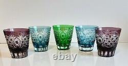 Rare Vintage Ajka Colored Cased Cut To Clear Crystal Whiskey Glasses, Set Of 5