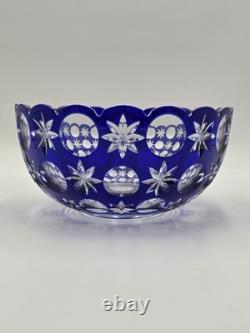 Rare Vintage Bohemian Hand Cut Crystal Glass Blue to Clear bowl SIGNED 8.75