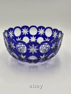 Rare Vintage Bohemian Hand Cut Crystal Glass Blue to Clear bowl SIGNED 8.75