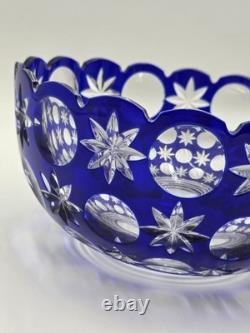 Rare Vintage Bohemian Hand Cut Crystal Glass Blue to Clear bowl SIGNED 8.75