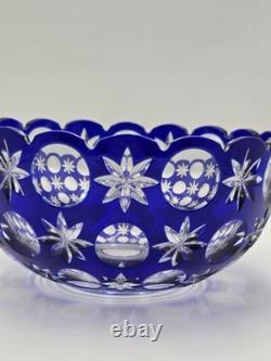 Rare Vintage Bohemian Hand Cut Crystal Glass Blue to Clear bowl SIGNED 8.75
