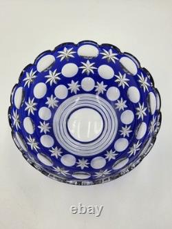Rare Vintage Bohemian Hand Cut Crystal Glass Blue to Clear bowl SIGNED 8.75