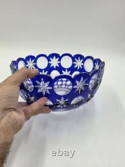 Rare Vintage Bohemian Hand Cut Crystal Glass Blue to Clear bowl SIGNED 8.75