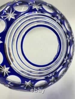 Rare Vintage Bohemian Hand Cut Crystal Glass Blue to Clear bowl SIGNED 8.75