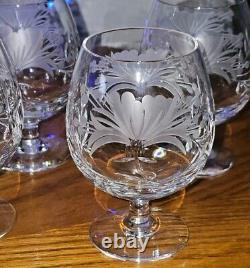 Royal Brierley English Cut Crystal Brandy Glasses Honeysuckle Etched Pattern 4pc
