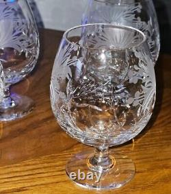 Royal Brierley English Cut Crystal Brandy Glasses Honeysuckle Etched Pattern 4pc