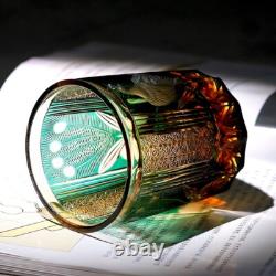 Royal Hand Cut Clear Crystal Amber Green Peacock Whiskey Glasses Gift Pack 8oz