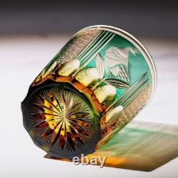 Royal Hand Cut Clear Crystal Amber Green Peacock Whiskey Glasses Gift Pack 8oz