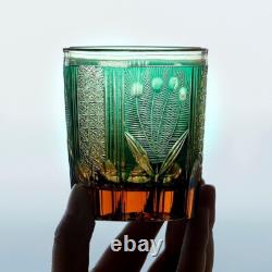 Royal Hand Cut Clear Crystal Amber Green Peacock Whiskey Glasses Gift Pack 8oz