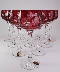 Ruby Cranberry Cut To Clear Set Of 10 Tall Wine Grape Cut Hocks Dresden Crystal