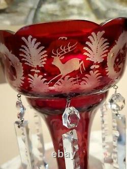 Ruby Cut-to-Clear Bohemian Crystal Lusters With Deer Bird Castle Egermann Czech