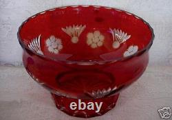 Ruby Red Crystal Hand Cut-to-Clear Blown Glass Footed Bowl Made in the USSR