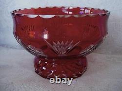 Ruby Red Crystal Hand Cut-to-Clear Blown Glass Footed Bowl Made in the USSR