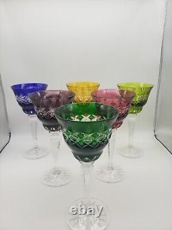SET 6 BOHEMIAN CZECH CUT TO CLEAR CRYSTAL Wine Glasses GOBLETS Multi Colored 8