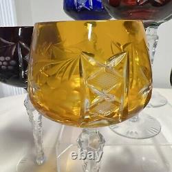 SET 6 BOHEMIAN CZECH CUT TO CLEAR CRYSTAL Wine Glasses GOBLETS Multi Colored 8