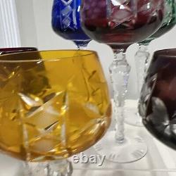 SET 6 BOHEMIAN CZECH CUT TO CLEAR CRYSTAL Wine Glasses GOBLETS Multi Colored 8