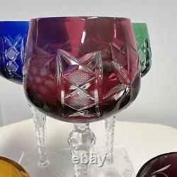 SET 6 BOHEMIAN CZECH CUT TO CLEAR CRYSTAL Wine Glasses GOBLETS Multi Colored 8