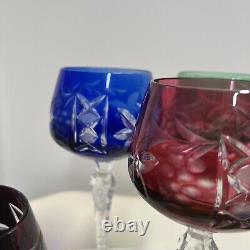 SET 6 BOHEMIAN CZECH CUT TO CLEAR CRYSTAL Wine Glasses GOBLETS Multi Colored 8