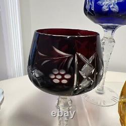 SET 6 BOHEMIAN CZECH CUT TO CLEAR CRYSTAL Wine Glasses GOBLETS Multi Colored 8