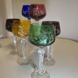 SET 6 BOHEMIAN CZECH CUT TO CLEAR CRYSTAL Wine Glasses GOBLETS Multi Colored 8