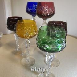 SET 6 BOHEMIAN CZECH CUT TO CLEAR CRYSTAL Wine Glasses GOBLETS Multi Colored 8