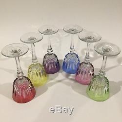SET (6) Vintage Multi Color Cut to Clear Crystal Cordial Glasses