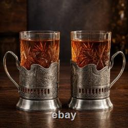 SET OF 2 RUSSIAN CUT CRYSTAL TEA GLASSES ORNATE PODSTAKANNIK Holders 8 Oz