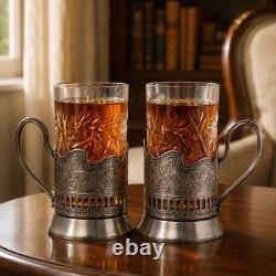 SET OF 2 RUSSIAN CUT CRYSTAL TEA GLASSES ORNATE PODSTAKANNIK Holders 8 Oz
