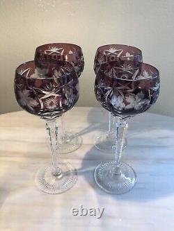 SET of 4 Crystal Wine Hocks Amethyst Purple Cut to Clear Glasses 8.25 Inches