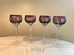 SET of 4 Crystal Wine Hocks Amethyst Purple Cut to Clear Glasses 8.25 Inches