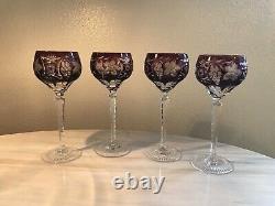 SET of 4 Crystal Wine Hocks Amethyst Purple Cut to Clear Glasses 8.25 Inches