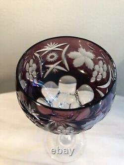 SET of 4 Crystal Wine Hocks Amethyst Purple Cut to Clear Glasses 8.25 Inches