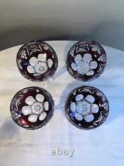 SET of 4 Crystal Wine Hocks Amethyst Purple Cut to Clear Glasses 8.25 Inches