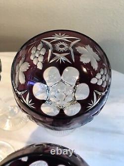 SET of 4 Crystal Wine Hocks Amethyst Purple Cut to Clear Glasses 8.25 Inches