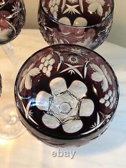 SET of 4 Crystal Wine Hocks Amethyst Purple Cut to Clear Glasses 8.25 Inches