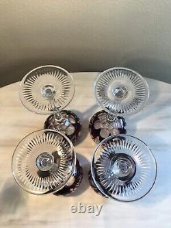 SET of 4 Crystal Wine Hocks Amethyst Purple Cut to Clear Glasses 8.25 Inches