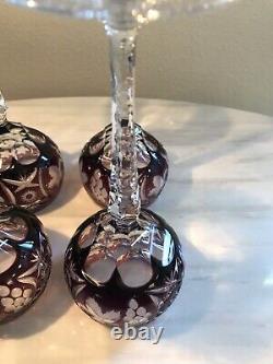 SET of 4 Crystal Wine Hocks Amethyst Purple Cut to Clear Glasses 8.25 Inches