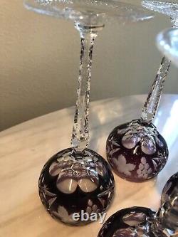 SET of 4 Crystal Wine Hocks Amethyst Purple Cut to Clear Glasses 8.25 Inches