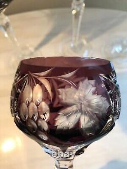 SET of 4 Crystal Wine Hocks Amethyst Purple Cut to Clear Glasses 8.25 Inches