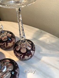SET of 4 Crystal Wine Hocks Amethyst Purple Cut to Clear Glasses 8.25 Inches