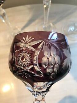 SET of 4 Crystal Wine Hocks Amethyst Purple Cut to Clear Glasses 8.25 Inches