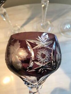 SET of 4 Crystal Wine Hocks Amethyst Purple Cut to Clear Glasses 8.25 Inches