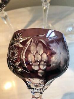SET of 4 Crystal Wine Hocks Amethyst Purple Cut to Clear Glasses 8.25 Inches