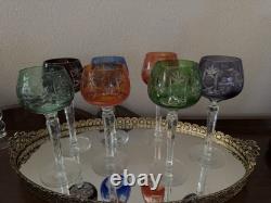 SET of 7 BOHEMIAN CZECH CUT TO CLEAR CRYSTAL Hock Wine Glasses 7 1/2 &7 3/4