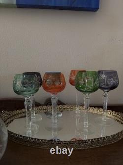 SET of 7 BOHEMIAN CZECH CUT TO CLEAR CRYSTAL Hock Wine Glasses 7 1/2 &7 3/4